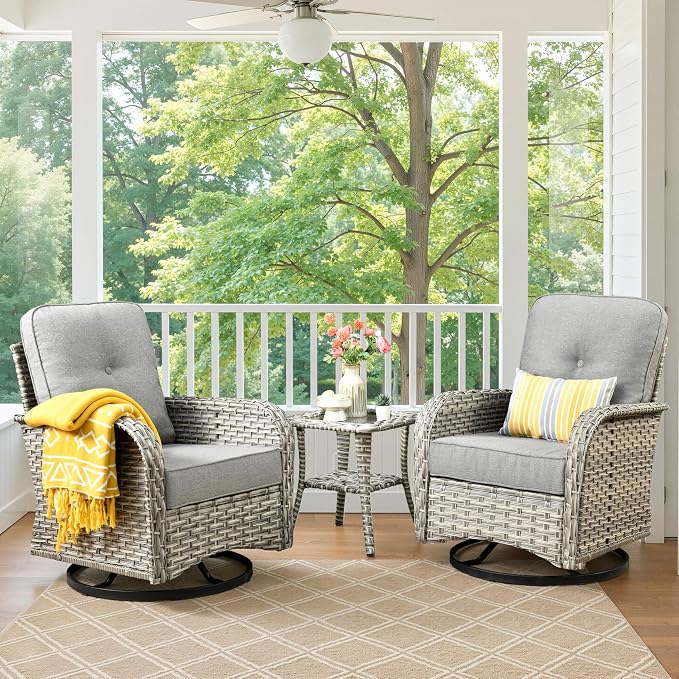 Swivel Patio Chairs Set of 2, Outdoor Wicker Rocker Glider Chair with Coffee Table, Modern Comfy Patio Furniture Sets for Porch Balcony Sunroom, Dark Gray