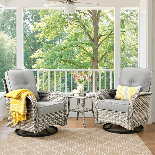 Swivel Patio Chairs Set of 2, Outdoor Wicker Rocker Glider Chair with Coffee Table, Modern Comfy Patio Furniture Sets for Porch Balcony Sunroom, Dark Gray