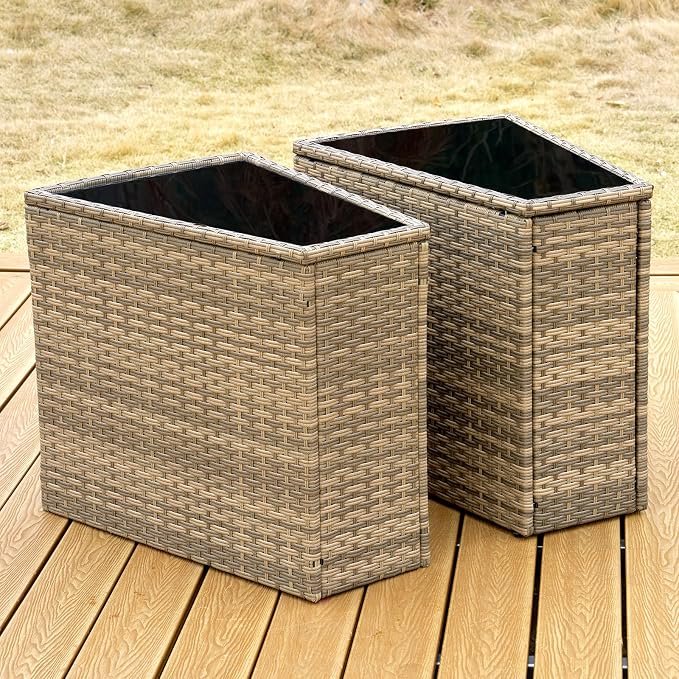 PaPaJet Rattan PE Patio Storage Side Table Sofa Wedge End Table with Tempered Glass Top, Outdoor Wicker Sectional Arm Table, Brown