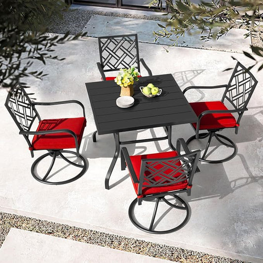 NUU GARDEN 5 Piece Outdoor Patio Dining Set, 37 Inch Square Table with 1.6" Umbrella Hole and 4 Swivel Chairs with Removable Cushions, for Backyard Deck Garden, Black and Red