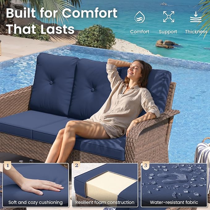 UDPATIO High Back Patio Furniture Set with 2 Swivel Rocker Chairs, Wicker Outdoor Conversation Sets with Thick Cushions & Ottoman, for Garden, Porch