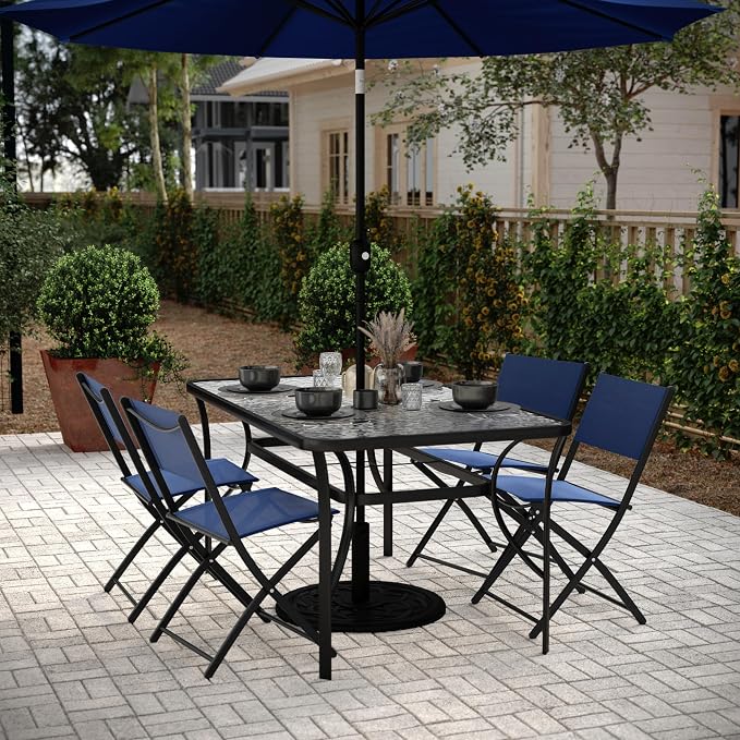 Flash Furniture Tory Rectangle Patio Table with Umbrella Hole, Commercial All-Weather Table with Heat Resistant Tempered Glass, Steel Tube Frame, 35x 59, Black