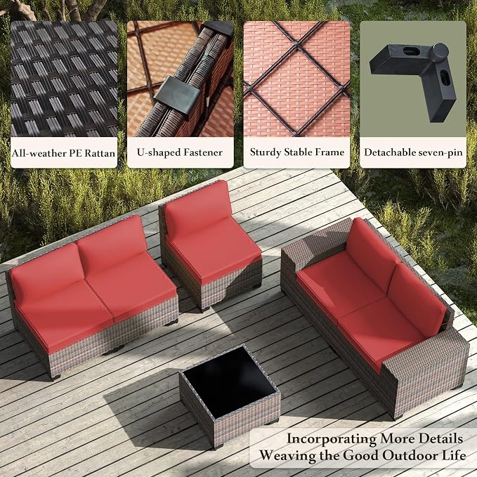 7 PCS Outdoor Patio Furniture Set,Outdoor Sectional Furniture with 43" 55000 BTU Gas Propane Fire Pit Table,All Weather PE Rattan Wicker Patio Conversation Set,Red