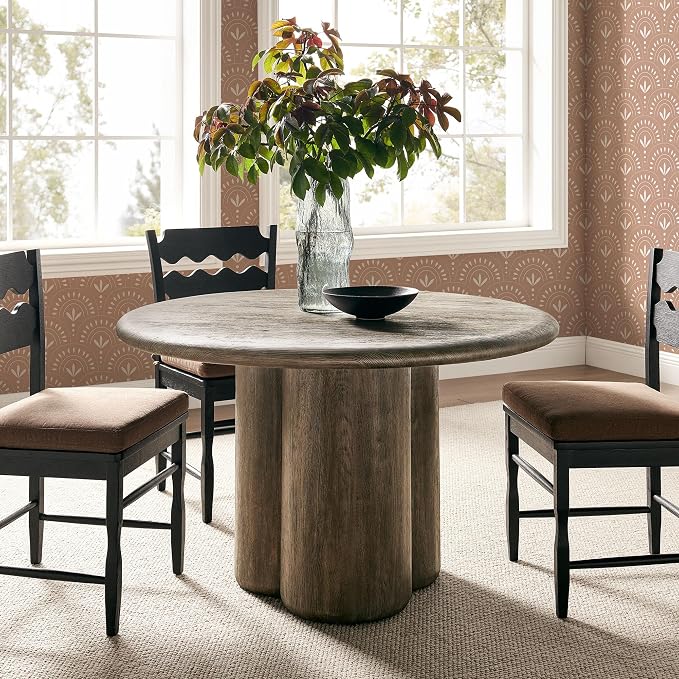 Modway Tori 48 Inch Round Concrete Outdoor Dining Table in Weathered Walnut - Modern Patio Bistro Table, Seats 4, for Backyard, Balcony, Sunroom, Deck, Or Indoors