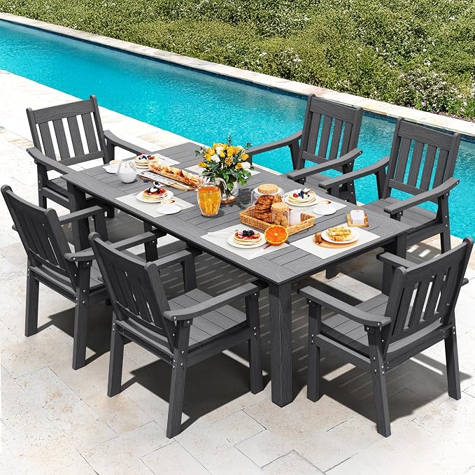 YEFU HIPS Patio Table Set: 7 Piece Patio Table and Chairs Outdoor Furniture Set with Umbrella Hole - Gray Modern Plastic Dining Sets 6 Person for Outside Deck with Metal Aluminum Frame