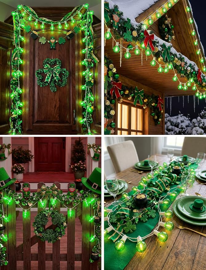25Ft G40 LED Outdoor Globe String Lights, Outdoor St. Patrick's Day Decorations Lights with 27 Shatterproof Green Bulbs, Hanging Patio Light Waterproof for Irish-themed Party Backyard Garden Wedding
