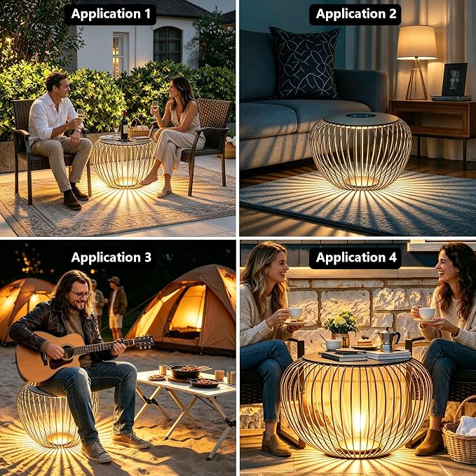 LED Outdoor Side Table, 26 Inch Large Hollow Metal Garden End Table, Top Solar Panel for Solar Charging, Bottom Glowing LED Light, Heavy Duty 2-in-1 Stool for Courtyard Backyard Villa