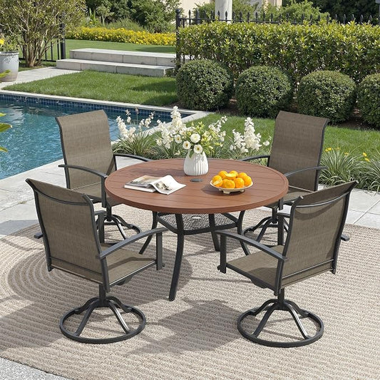 5 Pieces Outdoor Patio Dining Set, 40.6" All Weather Round Metal Table with Umbrella Hole and Storage Shelf, 4 High Back Textilene Swivel Chairs for Garden, Lawn, Walnut Table & Brown Chairs
