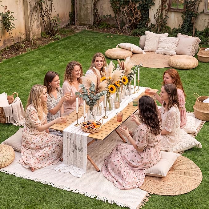 Wesiti 2 Pcs Low Picnic Table Foldable Lightweight Picnic Table Set 59" x 21" with Extra Large Outdoor Camping Blanket Sandproof Boho Beach Woven Cotton Yarn Blanket for Camping Beach Patio