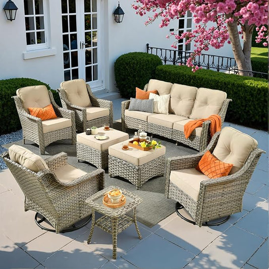 8 PCS Outdoor Patio Furniture Sets,Patio Conversation Sets Outside Rattan Soft Cushion Sofa with 2 Wicker Rocking Chairs Soft Cushion Fit Backyard Porch Garden Poolside Balcony,Beige