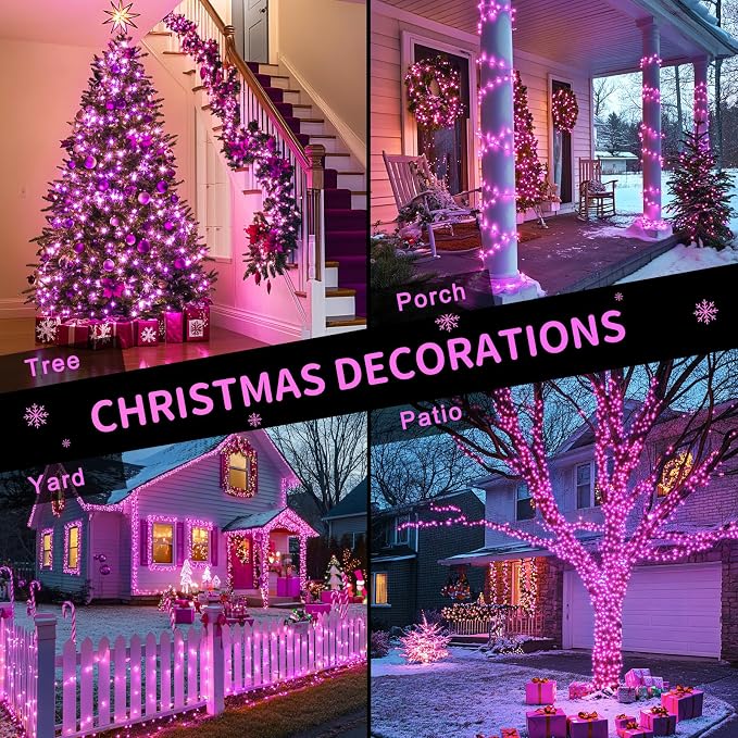 JMEXSUSS 600 LED Pink Christmas String Lights Indoor Outdoor Plug in | 168ft Pink Fairy Lights for Bedroom Romantic Tree Patio Wedding Party Christmas Room Decor, Remote Timer Clear Wire