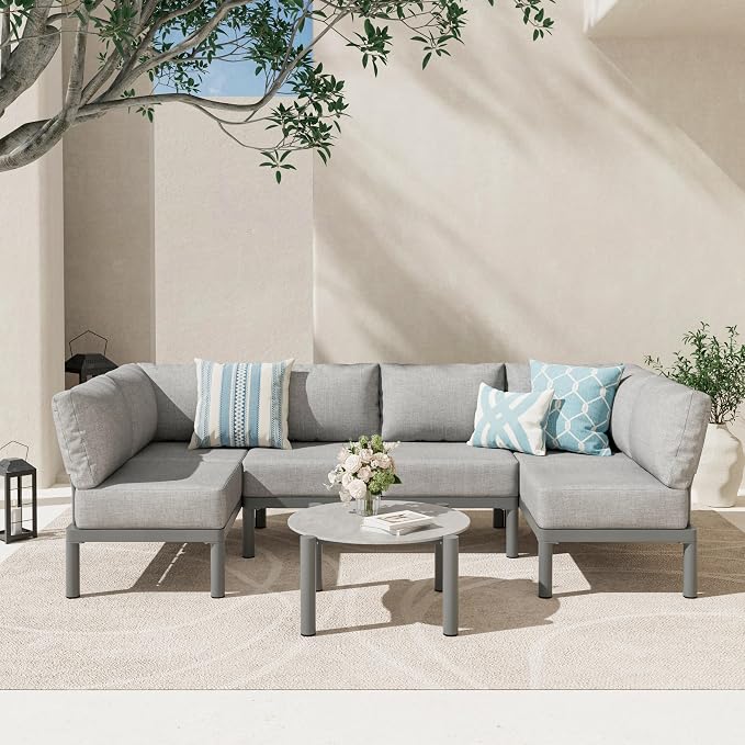 Patio Furniture Set for 6 seat, Aluminum Outdoor Sectional Sofas with 7 Inch Olefin Cushion and Glass Coffee Table, Modern Outdoor Conversation Sets for Porch, Backyard, Sunroom, L-Shaped, Gray