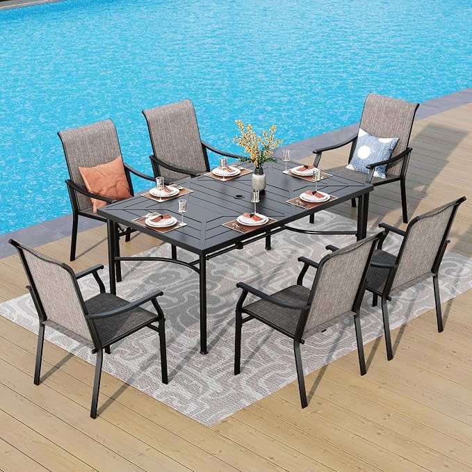 PHI VILLA 7 PCS Outdoor Dining Table and Chairs,Sling Chairs with Textilene Fabric and Large Metal Table with Umbrella Hole,Durable,Sturdy and Rustproof Outdoor Furniture Set for Outside,Garden