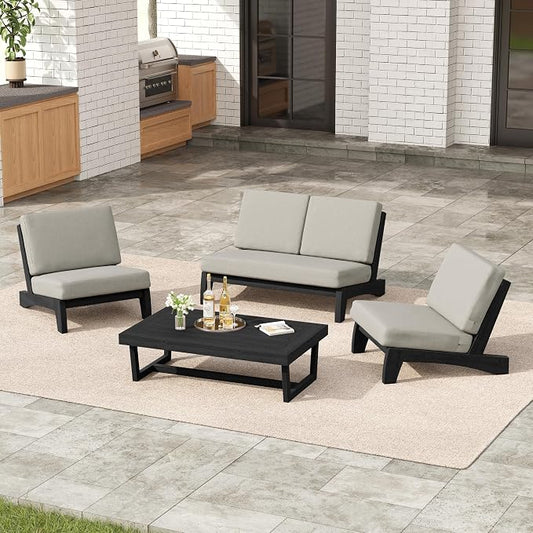 4 Pieces Patio Furniture Sets, All-Weather Outdoor Wood Bistro Set Patio Conversation Coffee Table Chiars and Patio Loveseat for Balcony, Backyard