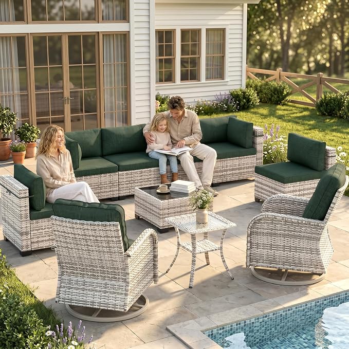 10-Piece Patio Furniture Set, Outdoor Patio Furniture with Swivel Chairs Set, Thick Cushions, Modular Patio Sofa, Dual-Strand Wicker Rattan, Rust-Resistant Frame, Dark Green