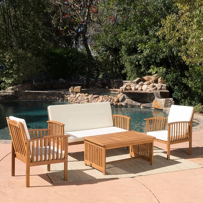 Christopher Knight Home 4-Piece Outdoor Patio Furniture Set, Acacia Wood Chat Set with Loveseat Coffee Table and 2 Chairs Cushions, Modern Backyard Garden Conversation Set, Light Wood