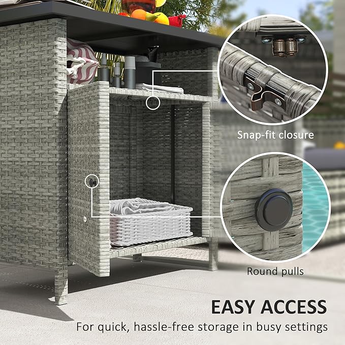 Outsunny Wicker Outdoor Storage Cabinet, Rattan Bar Table with 2 Doors and Shelf, Buffet Sideboard with Metal Slatted Countertop for Poolside, Patio, Backyard, Gray