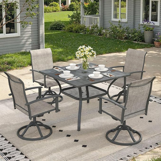 5 Pieces Patio Dining Set, Outdoor Furniture of 37.8" Square Patio Table and Patio Swivel Chairs for Backyard Lawn Garden, Dark Grey Table and Grey Chairs