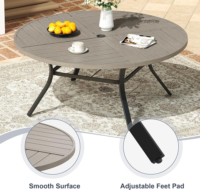 VICLLAX 53" Round Patio Dining Table for 6-8, All Weather Metal Outdoor Table with 1.57" Umbrella Hole and Surdy Frame for Garden Lawn Deck, Grey