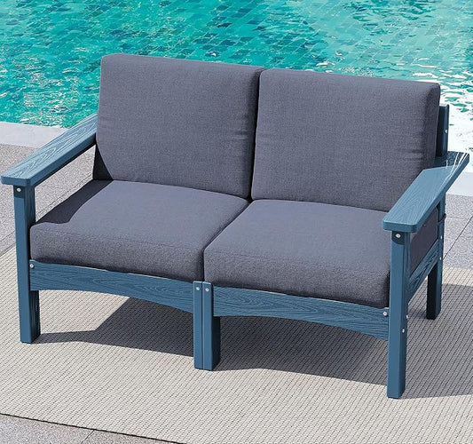SERWALL HDPE Patio Loveseat Sofa, 2 Pieces Single Sofa, Weather-Resistant Outdoor Furniture Chair with Thick Removable Cushion, Balcony, Garden, Backyard, Poolside, Blue Frame with Grey Cushion
