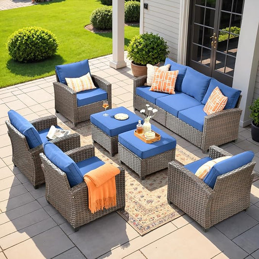 CAODOC 7 Pieces Rattan Patio Furniture Set, 4 x Single Chair, 2 x Ottoman and 3-Seat Sofa with Cushions, 9 Seats Outdoor Wicker Sectional Conversation Set for Garden, Poolside, Backyard