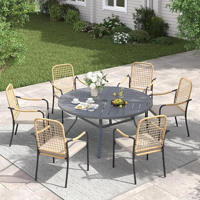 VICLLAX 47.2" Round Patio Table with Umbrella Hole, All Weather Metal Outdoor Dining Table for 6, Outside Table with Storage Shelf for Lawn Garden, Grey