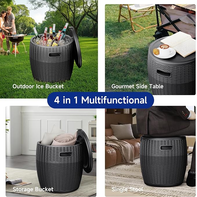 Outdoor Cooler Side Table, 9.5 Gallon Weather-Resistant Portable Ptio Cooler Table, Resin Rattan Round Cool Bar with Lid for Patio, Decor, Pool, Party (Black)