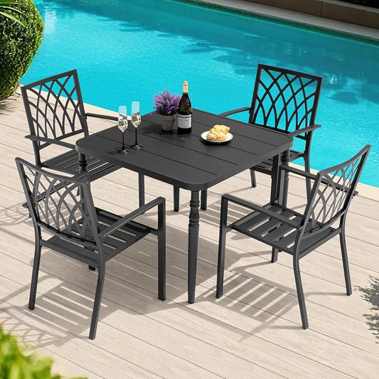 NUU GARDEN 5-Piece Metal Dining Set, 4 Stackable Wide Seat Chairs with 37" Square Table Umbrella Hole, All-Weather Patio Furniture for Backyard Balcony Poolside Lawn Garden,Black