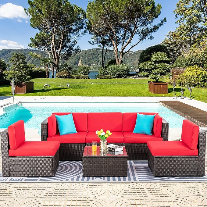 Vongrasig 6 Piece Small Patio Furniture Sets, Outdoor Sectional Sofa All Weather PE Wicker Patio Sofa Couch Garden Backyard Conversation Set with Glass Table,Red Cushions and Blue Pillows (Red)