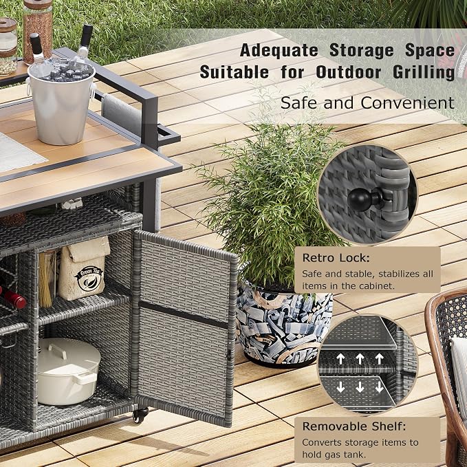 52.8" W Wicker Outdoor Grill Cart with Extended Plastic Wood Table Top, Rolling Kitchen Island on Wheels, Ample Storage, and Double Handle Design – Perfect for Patio, Backyard, and Poolside