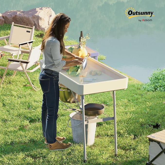 Outsunny Folding Ice Cooler Table with Drain, Fill and Chill, Tan, 40.6"L x 22"W x 32.3"H, Modern Picnic Table