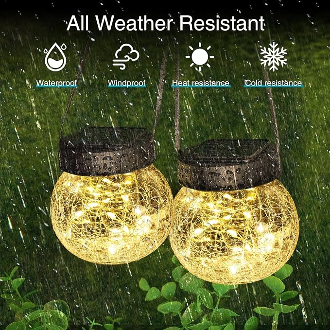 Kolpop Solar Lanterns Outdoor Waterproof 6 Pack, Hanging Solar Lights with 30 LED, Cracked Glass Hanging Globes for Garden Patio Fence Yard Christmas Tree Decoration,Warm White