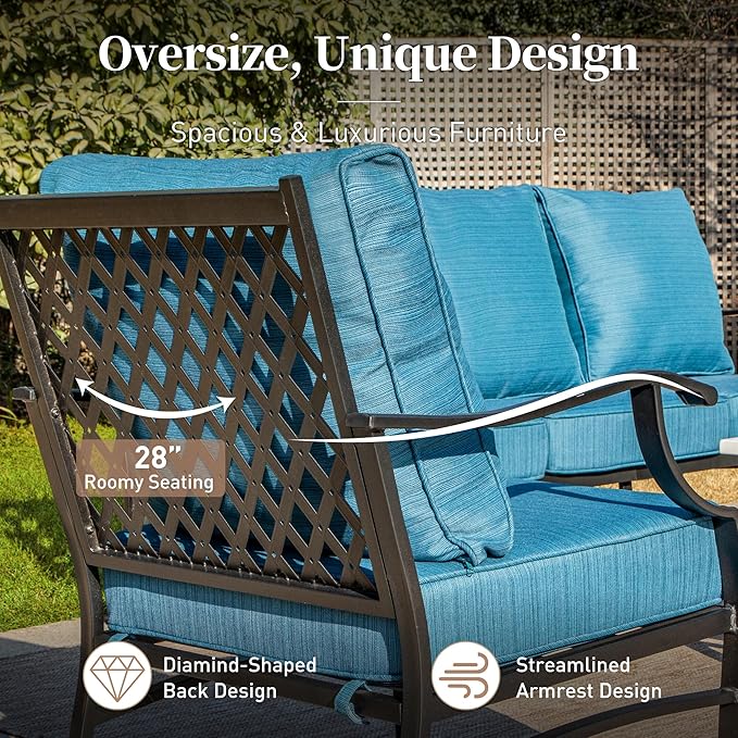 SUNSHINE VALLEY 5 Piece Metal Outdoor Patio Furniture Set, Patio Conversation Sets 3-seater Sofa, 2 Swivel Chairs, 2 Ottomans with 5.75" Thick Cushion, Black All-weather Backyard Furniture Set, Blue-2