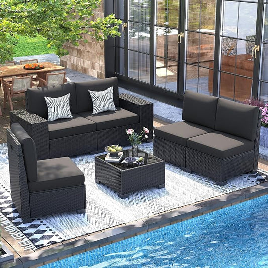 UDPATIO Patio Furniture Set, Outdoor Wicker Sectional Sofa with 8'' Wide Armrests, 6 Piece Modular Patio Conversation Set with Coffee Table for Backyard, Deck, Garden, Black
