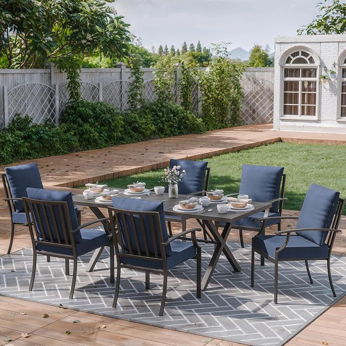 ALAULM 7-Piece Patio Dining Table and Chairs Outdoor Dining Set for 6 Patio Dining Sets with Rectangular Metal Table with Umbrella Hole for Patio, Backyard, Garden-DarkBlue