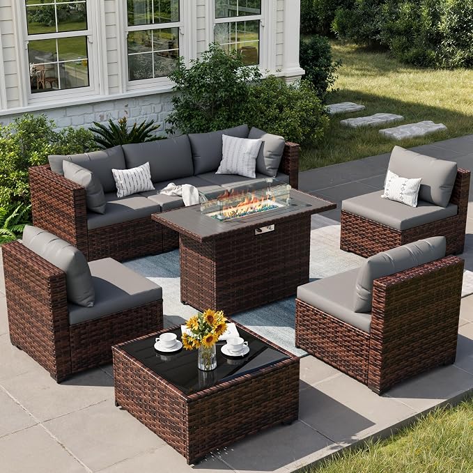 8 Piece Patio Furniture Set with 44" Fire Pit Table, Outdoor Sectional Wicker Rattan Sofa Set with Coffee Table (Grey/Brown)