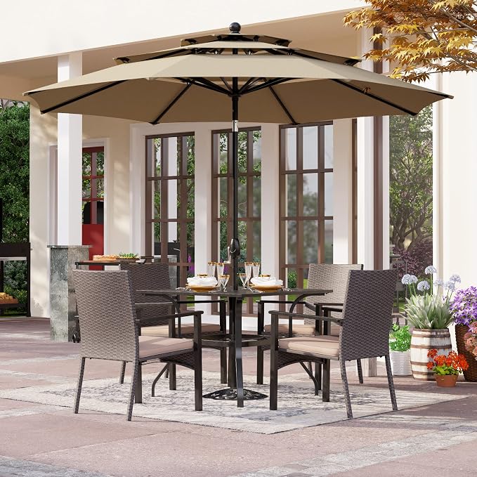 PHI VILLA 5pc Patio Dining Set with Umbrella, Square Table, Rattan Chairs | 37" Metal square dining table, cushioned wicker chairs, 10ft beige umbrella. Perfect for patio, deck, yard, porch.