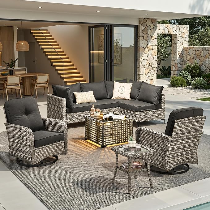 8 Pieces Outdoor Sectional Patio Furniture Set with Swivel Rocking Chairs,Conversation Sets Rattan Wicker L Shaped Couch,Modular Outdoor Sofa for Porch Balcony Backyard Black