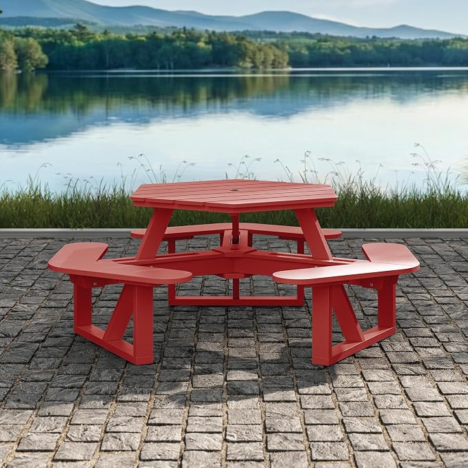 Shoreline Made in USA Hexagon Picnic Table, Seating for 6, Boathouse Red