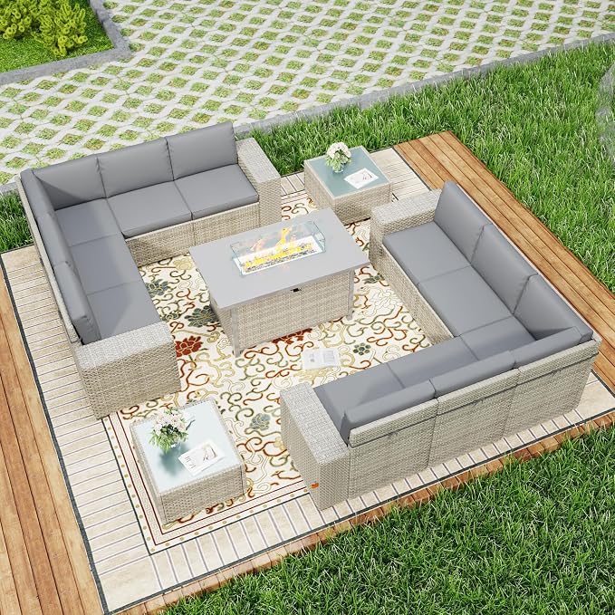 13 Piece Patio Furniture Set, 8" Wide Arm Sectional Sofa Set with 50000 BTU Propane Fire Pit Table & Coffee Table, Rattan Outdoor Conversation Set for Garden, Porch, Lawn, Gray