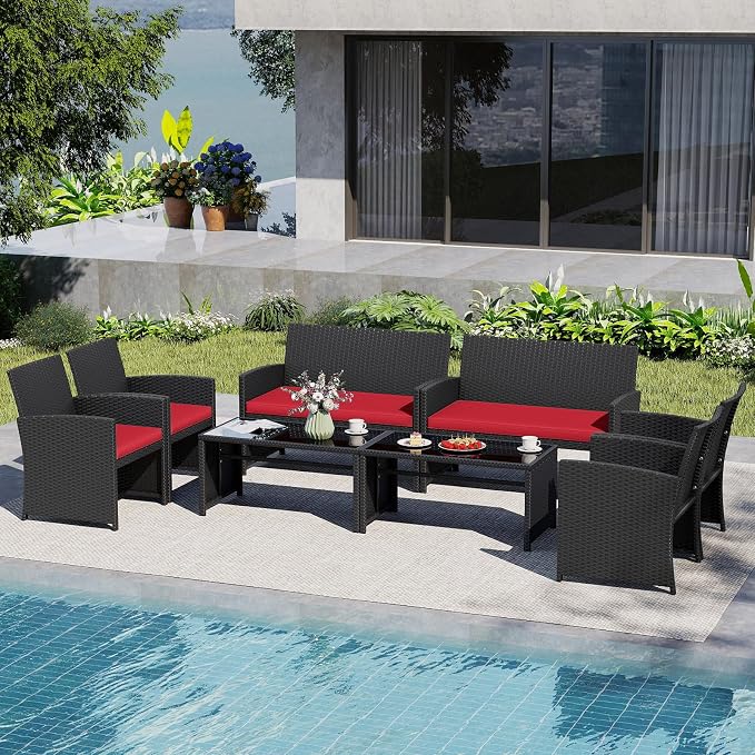 Tangkula 8 Pieces Patio Wicker Furniture Set, Outdoor Heavy Duty Rattan Cushioned Chairs, Loveseat and Tempered Glass Coffee Table, for Backyard, Balcony, Poolside