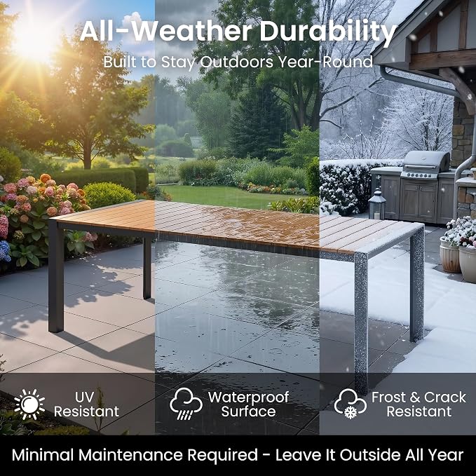 Crestlive Outdoor Dining Table for 8, Patio Table with Umbrella Hole, Aluminum Frame & WPC Wood-Like Tabletop Ideal for Garden, Backyard, and Indoor