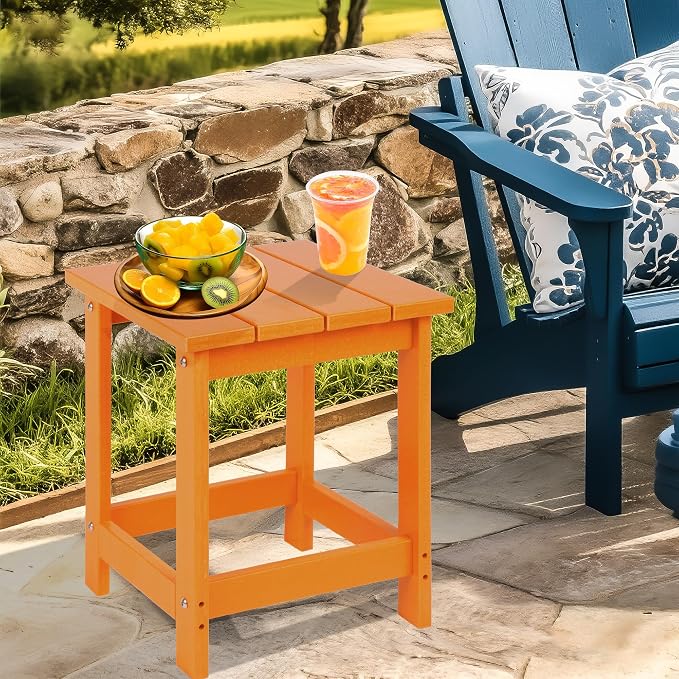 LZRS Patio End Table, Heavy Duty HDPE Outdoor Coffee Table with Wood Texture, Weatherproof Composite Table for Adirondack Chairs, Deck, Pool, Indoor/Outdoor, No Peeling or Cracking(Orange)