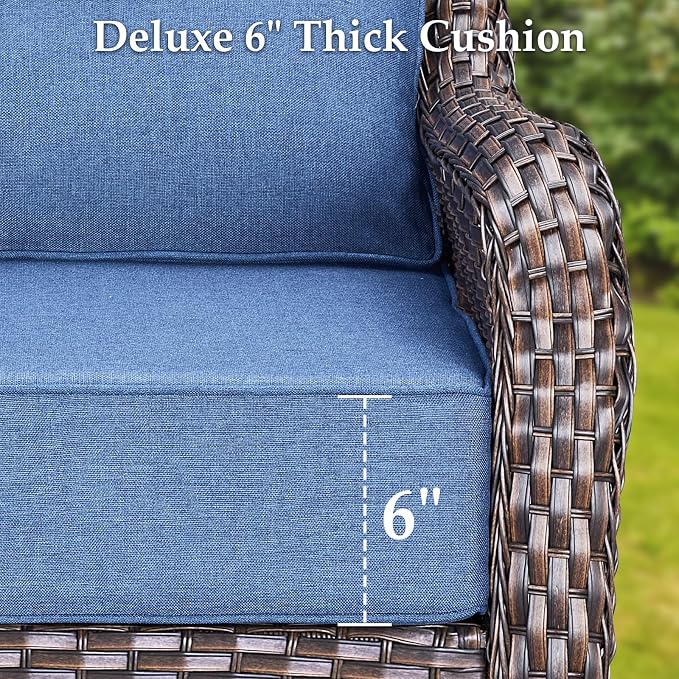 Luxury Outdoor Patio Furniture Set-Wicker High Backrest 3-Seat Patio Sofa with Comfy 6" Cushion, Rattan Couch with Deep Seat All-Weather Patio Conversation Set for Deck Backyard Garden(Brown/Blue)