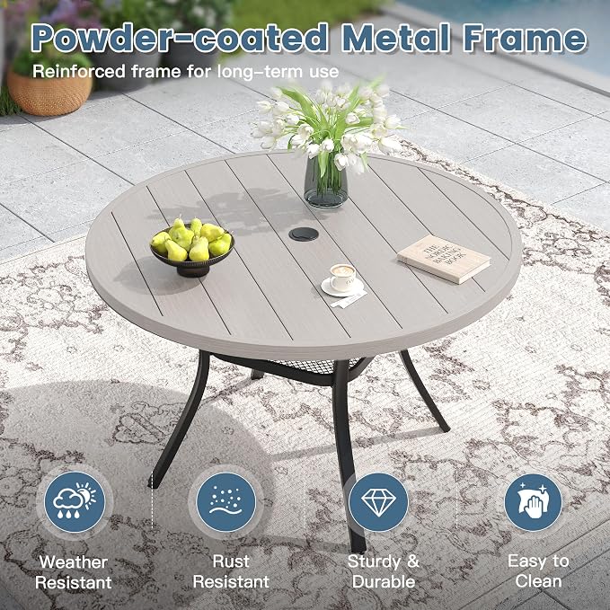 DIFY Outdoor Dining Set for 6, Patio Dining Furniture Set Includes 47.2" Grey Wood-Like Round Table with Adjustable Umbrella Hole and 6 Grey Stackable Metal Chairs for Poolside, Garden, Backyard