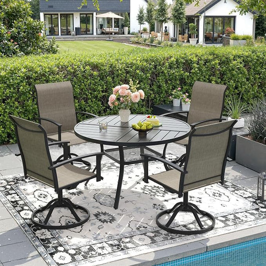 DIFY 5 Pieces Outdoor Dining Set, Metal Patio Table and Chairs Set for 4 with Umbrella Hole, 40.6" Black Round Table and Brown Textilene Swivel Patio Chairs for Garden, Backyard, Poolside