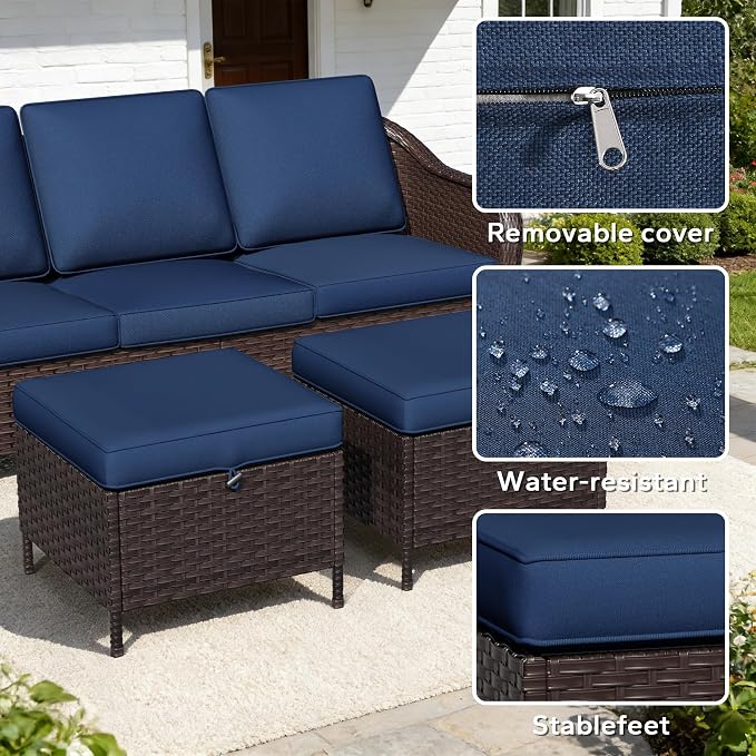 8 Piece Patio Wicker Conversation Set, All-Weather Use Outdoor Wicker Sofa with 2 PE Rattan Ottomans,2 Chair, 2 Swivel Chair, 1 Side Table, Ideal for Porch, Backyard, Balcony, Poolside, Blue
