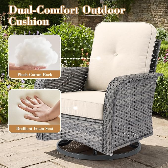 3 Pieces Patio Furniture Set, High Back Outdoor Swivel Rocker Chairs, Wicker Outdoor Furniture with Swivel Rocking Chairs and Side Table for Porch, Backyard, Balcony, Beige