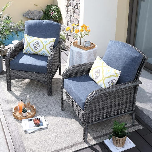 ovios 2-Piece Patio Furniture Set, Outdoor Wicker Sofa with Chairs, High Back Rattan Chair with Comfy Cushions for Porch Yard Deck, Denim Blue