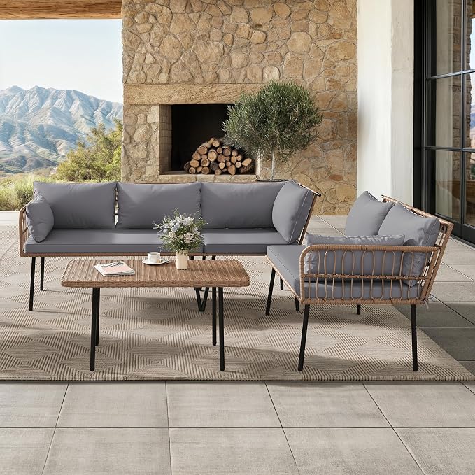 YITAHOME 4-Piece Wicker Patio Furniture Set, All Weather PE Rattan Conversation Set Sectional Sofa with Soft Cushions & Side Table, Porch Furniture for Deck, Balcony, Backyard - Grey
